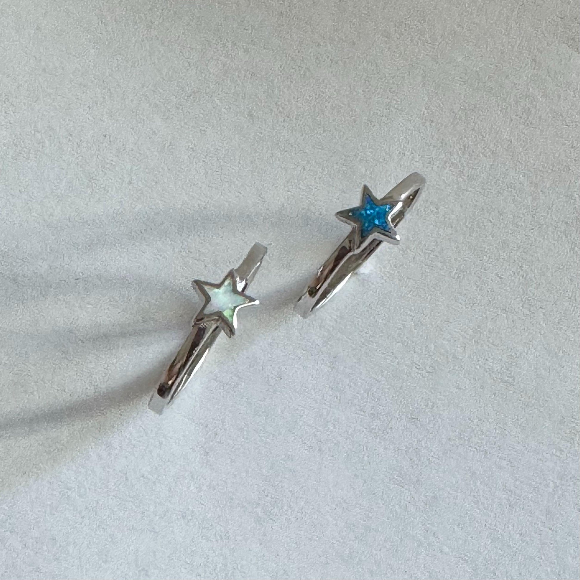 Sterling Silver Star Ring: Blue or White Lab Opal Celestial Jewelry