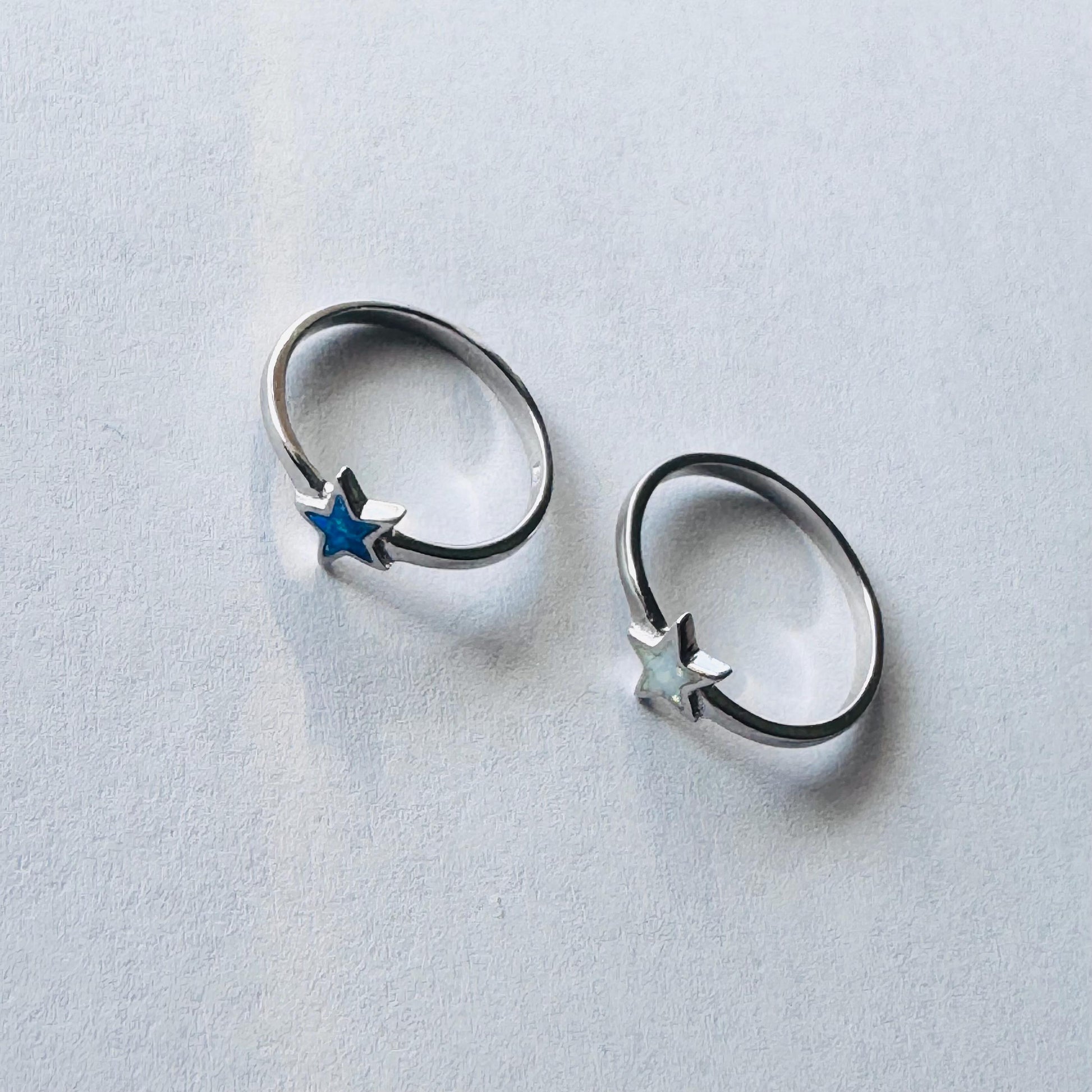 Sterling Silver Star Ring: Blue or White Lab Opal Celestial Jewelry