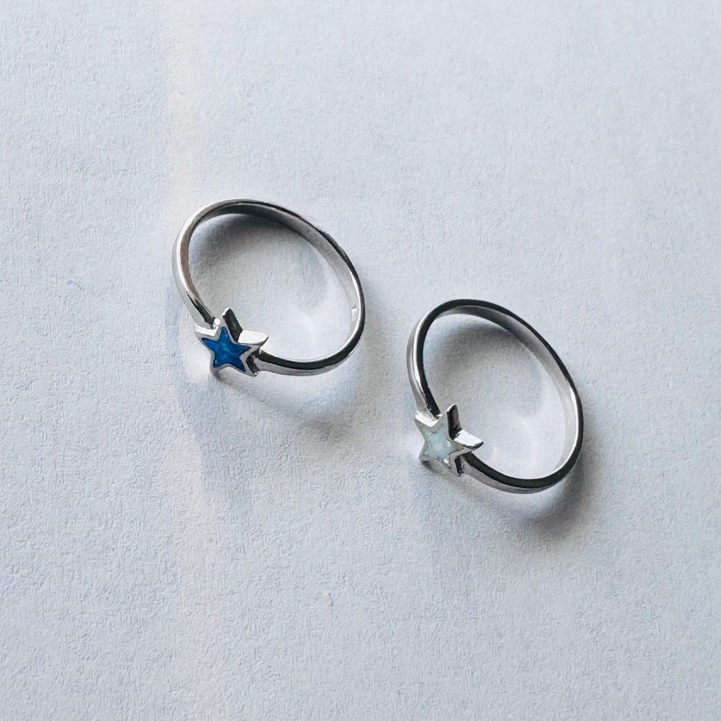 Sterling Silver Star Ring: Blue or White Lab Opal Celestial Jewelry