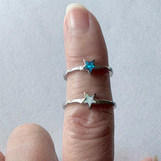 Sterling Silver Star Ring: Blue or White Lab Opal Celestial Jewelry