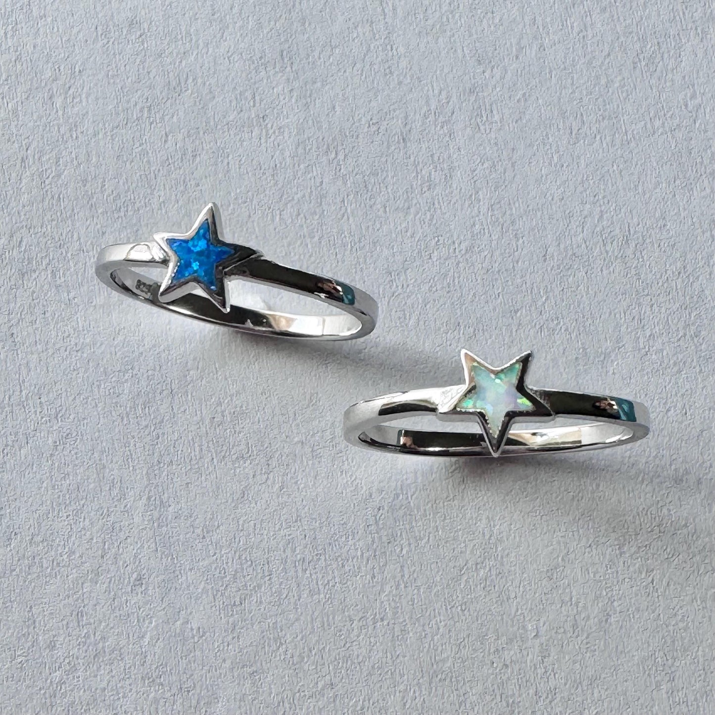 Sterling Silver Star Ring: Blue or White Lab Opal Celestial Jewelry