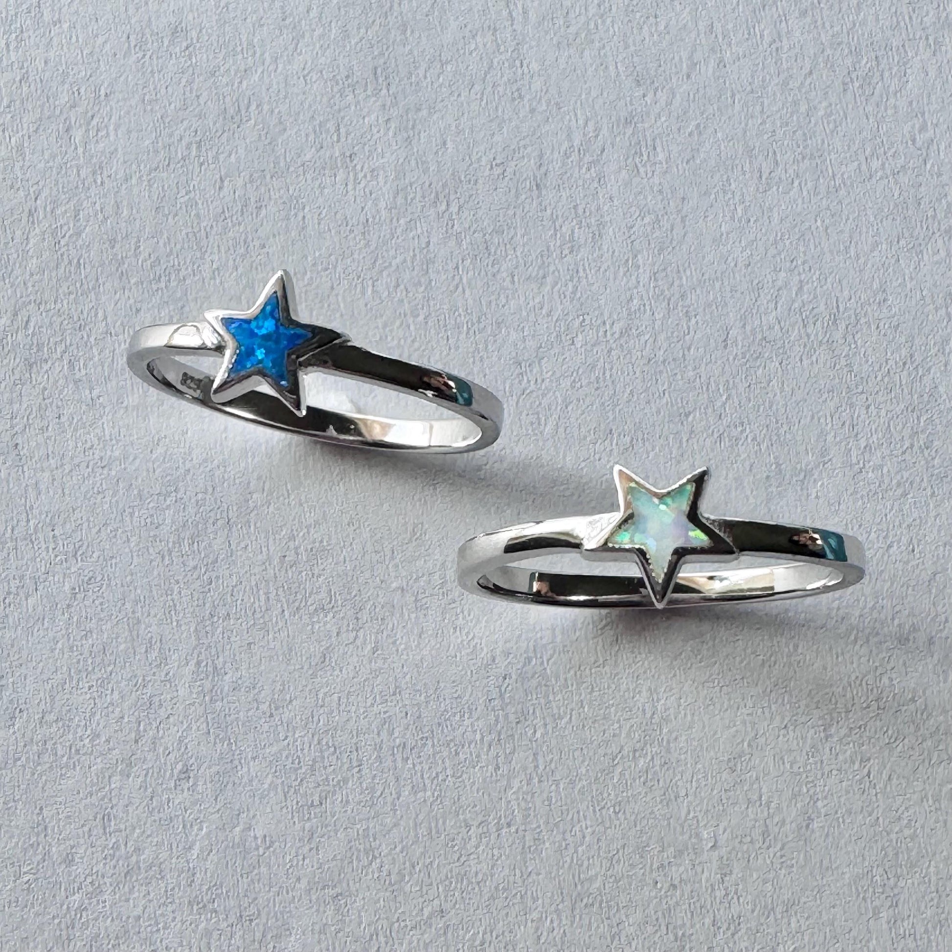Sterling Silver Star Ring: Blue or White Lab Opal Celestial Jewelry