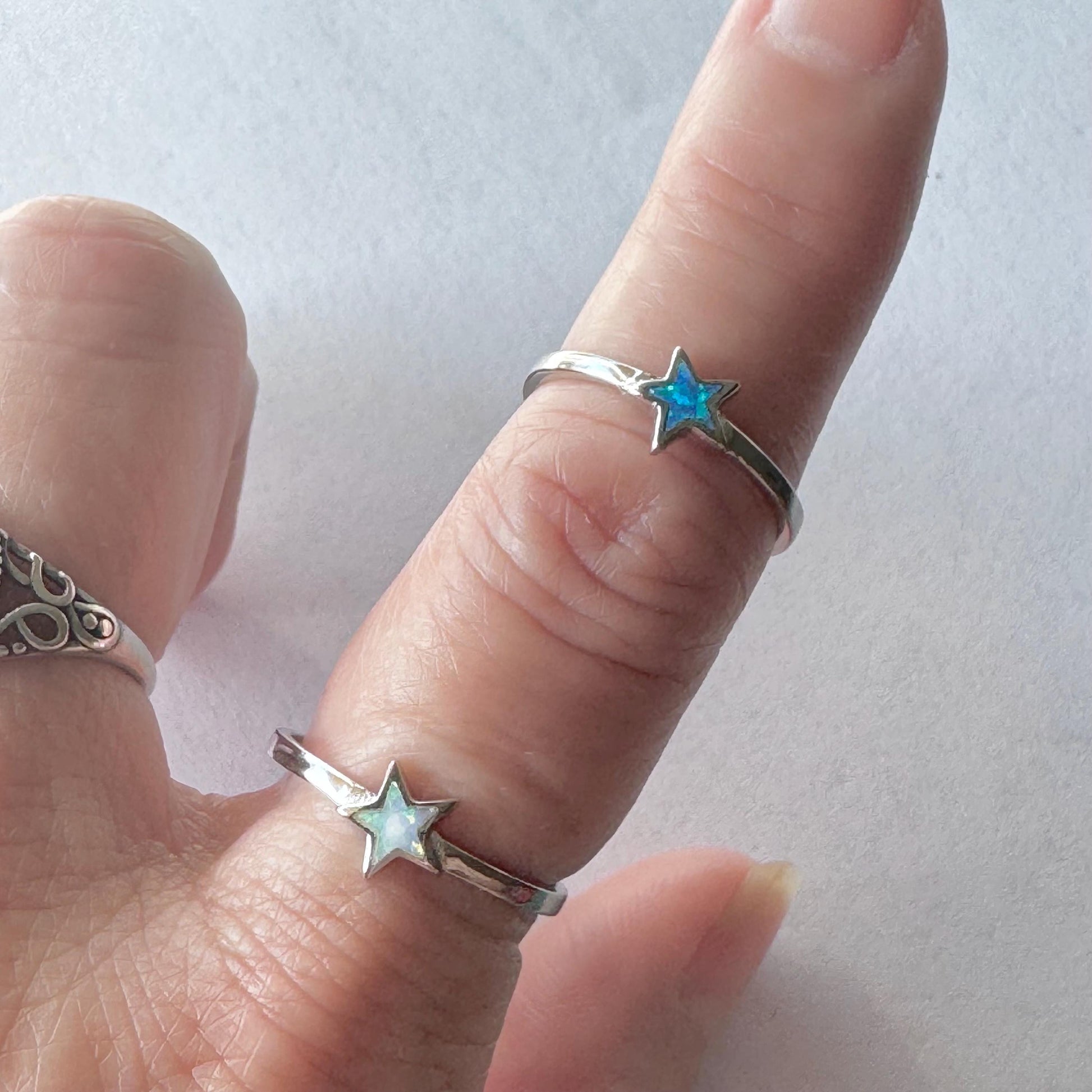 Sterling Silver Star Ring: Blue or White Lab Opal Celestial Jewelry