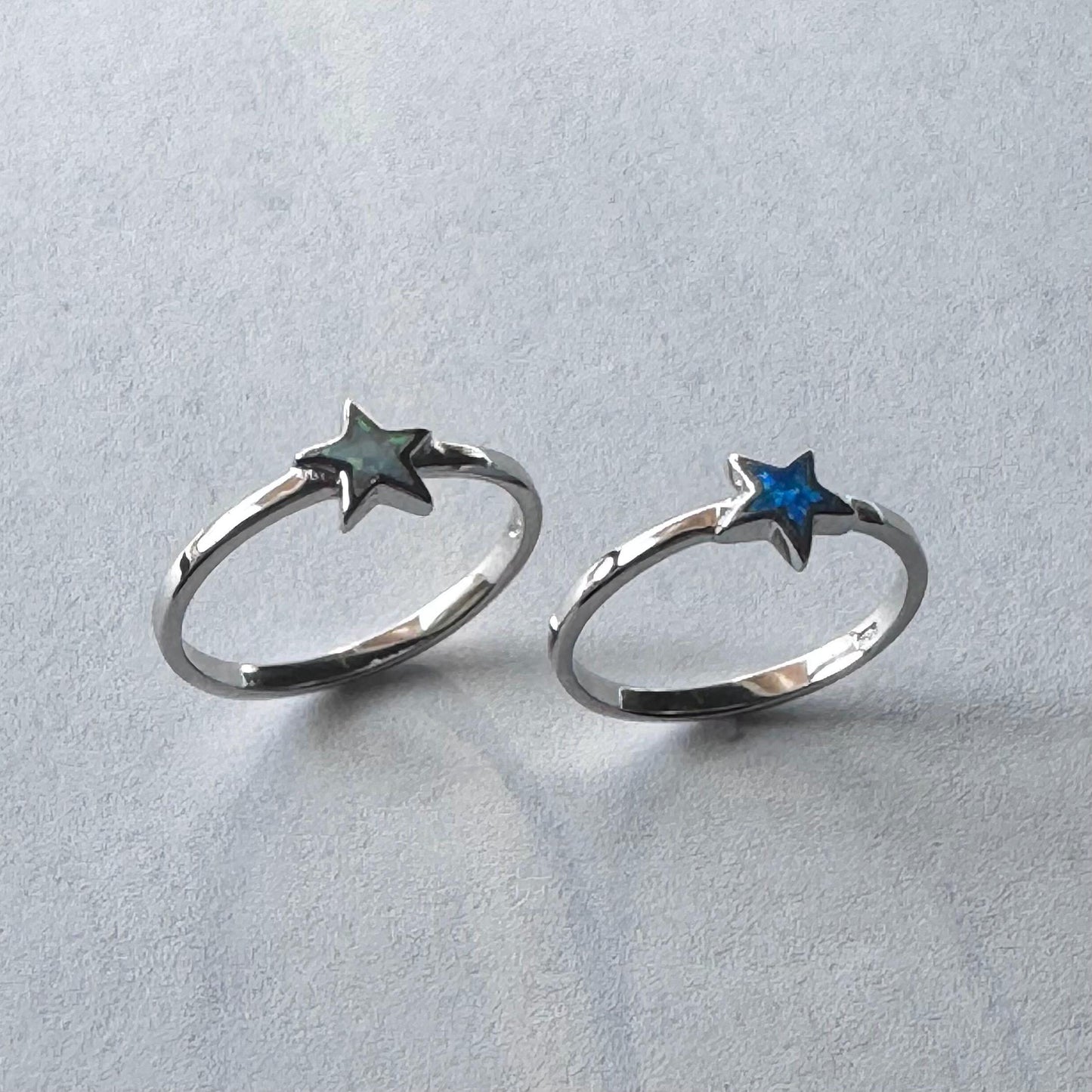 Sterling Silver Star Ring: Blue or White Lab Opal Celestial Jewelry