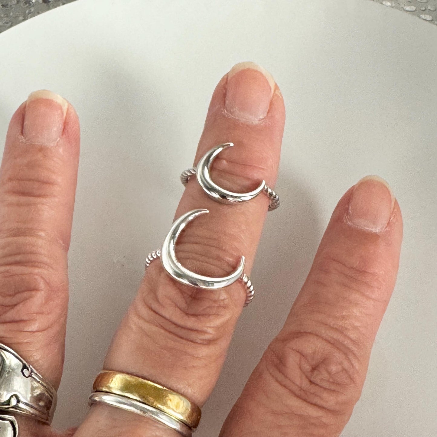 Sterling Silver Large or Small Crescent Moon Ring, Rope Band Ring, Silver Moon Ring, Dainty Ring, Large Moon Silver Ring, Silver Rope Ring