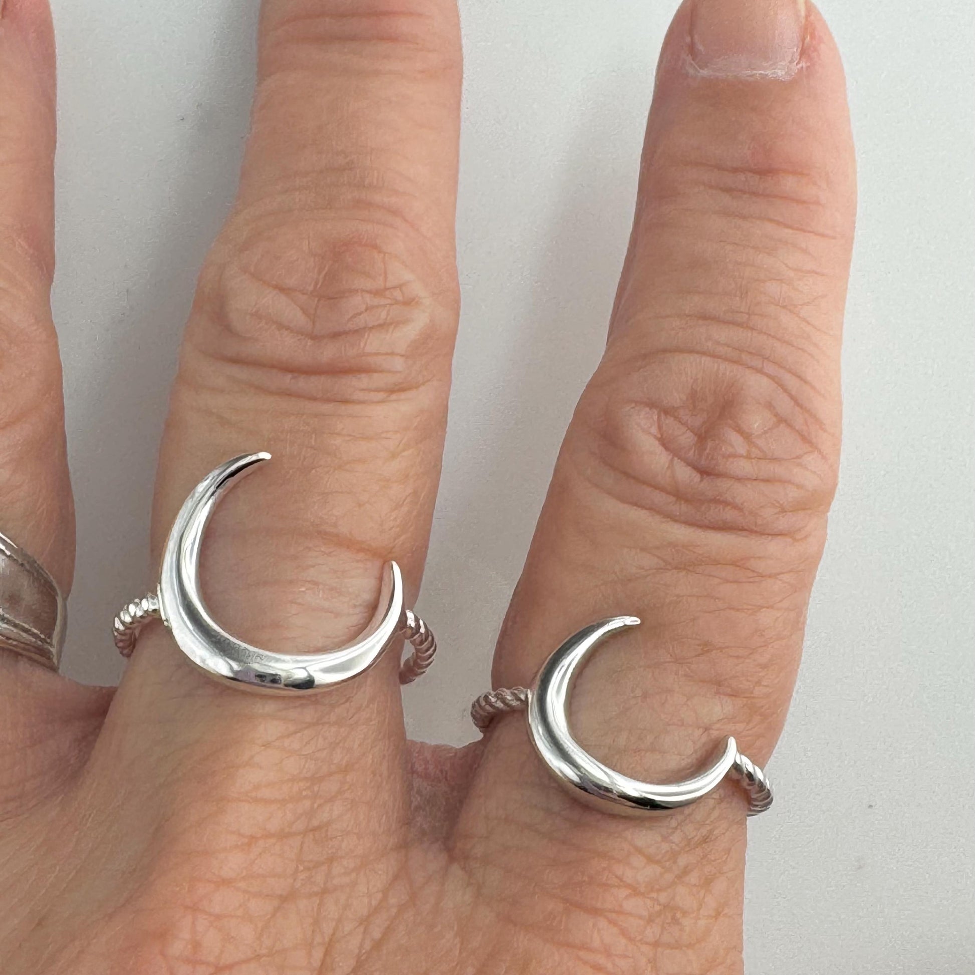 Sterling Silver Large or Small Crescent Moon Ring, Rope Band Ring, Silver Moon Ring, Dainty Ring, Large Moon Silver Ring, Silver Rope Ring
