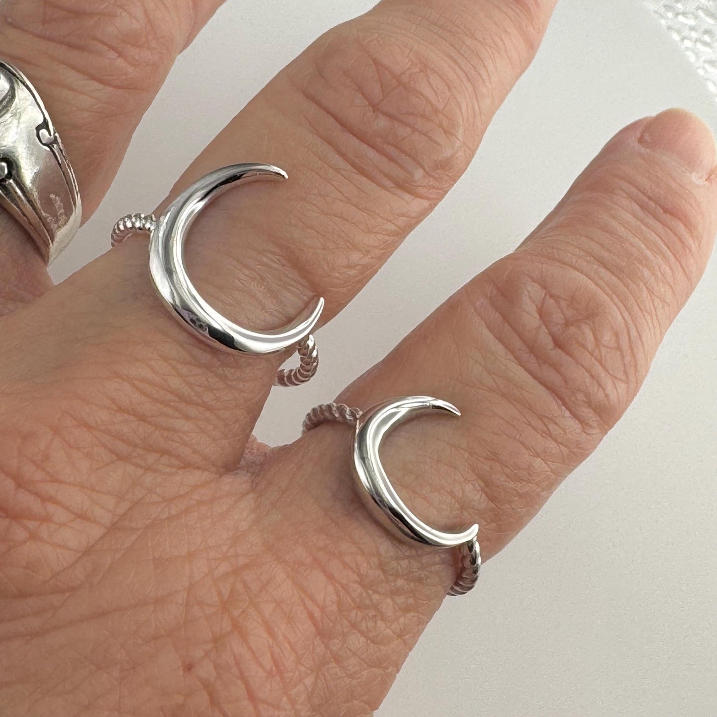 Sterling Silver Large or Small Crescent Moon Ring, Rope Band Ring, Silver Moon Ring, Dainty Ring, Large Moon Silver Ring, Silver Rope Ring