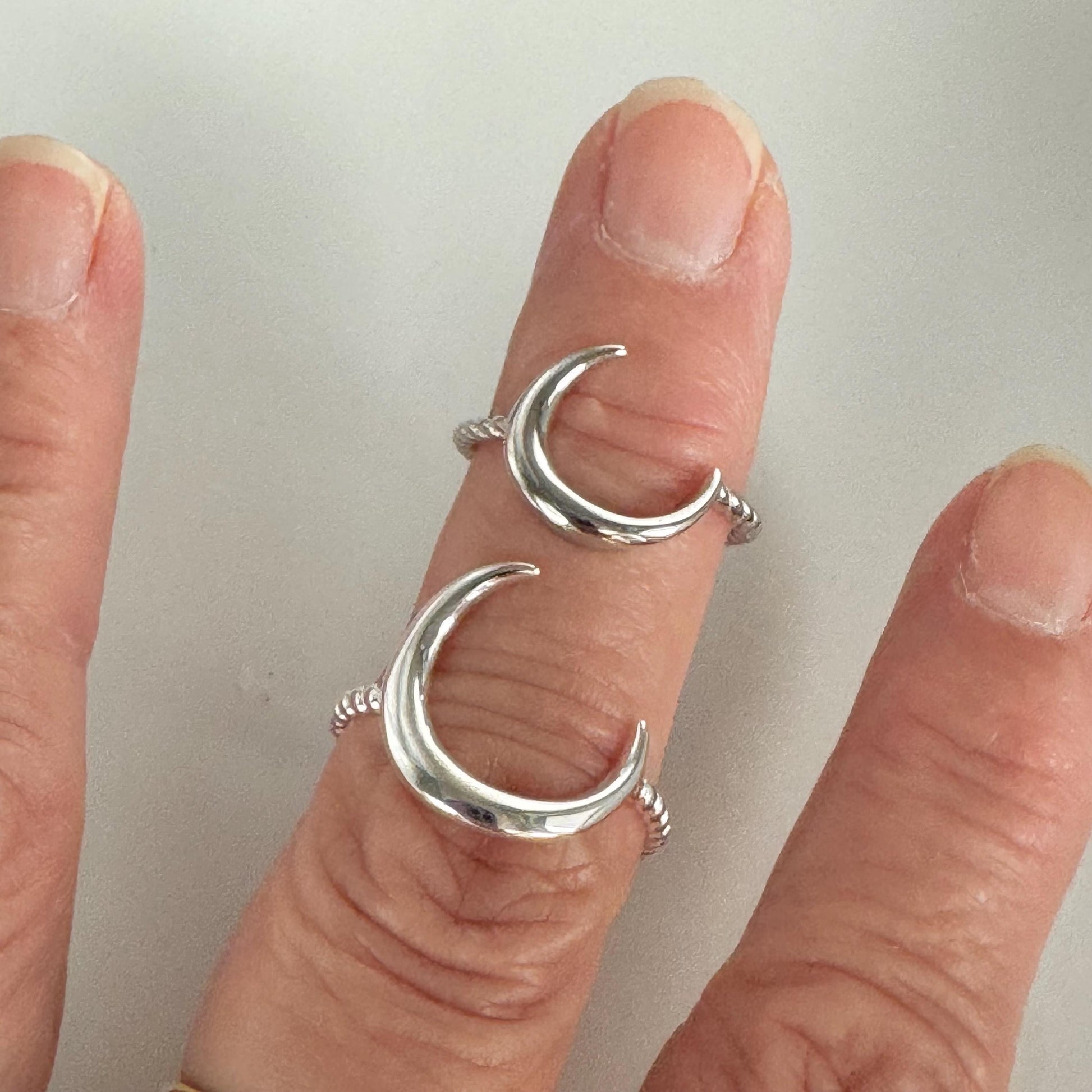 Sterling Silver Large or Small Crescent Moon Ring, Rope Band Ring, Silver Moon Ring, Dainty Ring, Large Moon Silver Ring, Silver Rope Ring