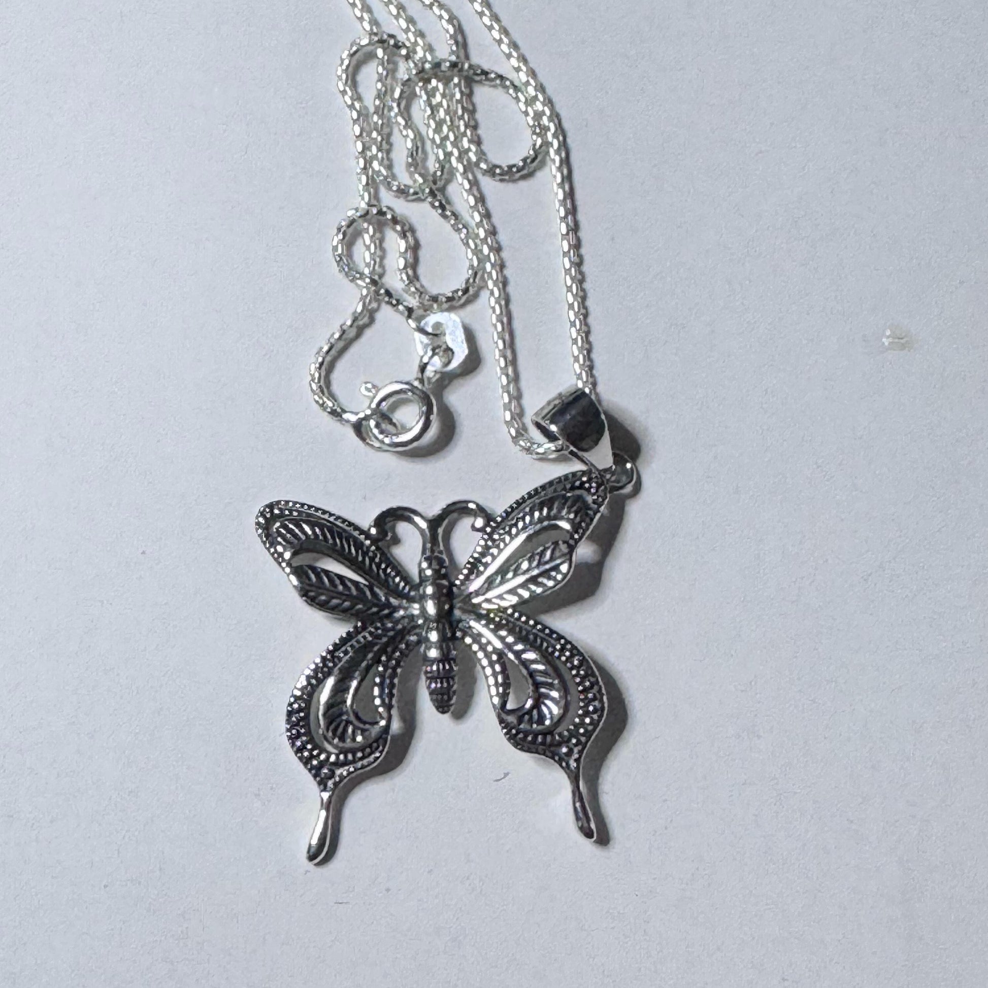 Sterling Silver Butterfly Necklace: CZ Accent, Oxidized Finish