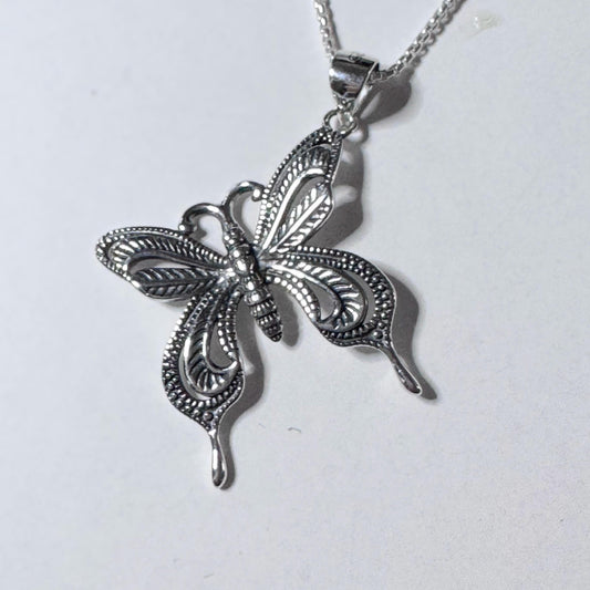 Sterling Silver Butterfly Necklace: CZ Accent, Oxidized Finish