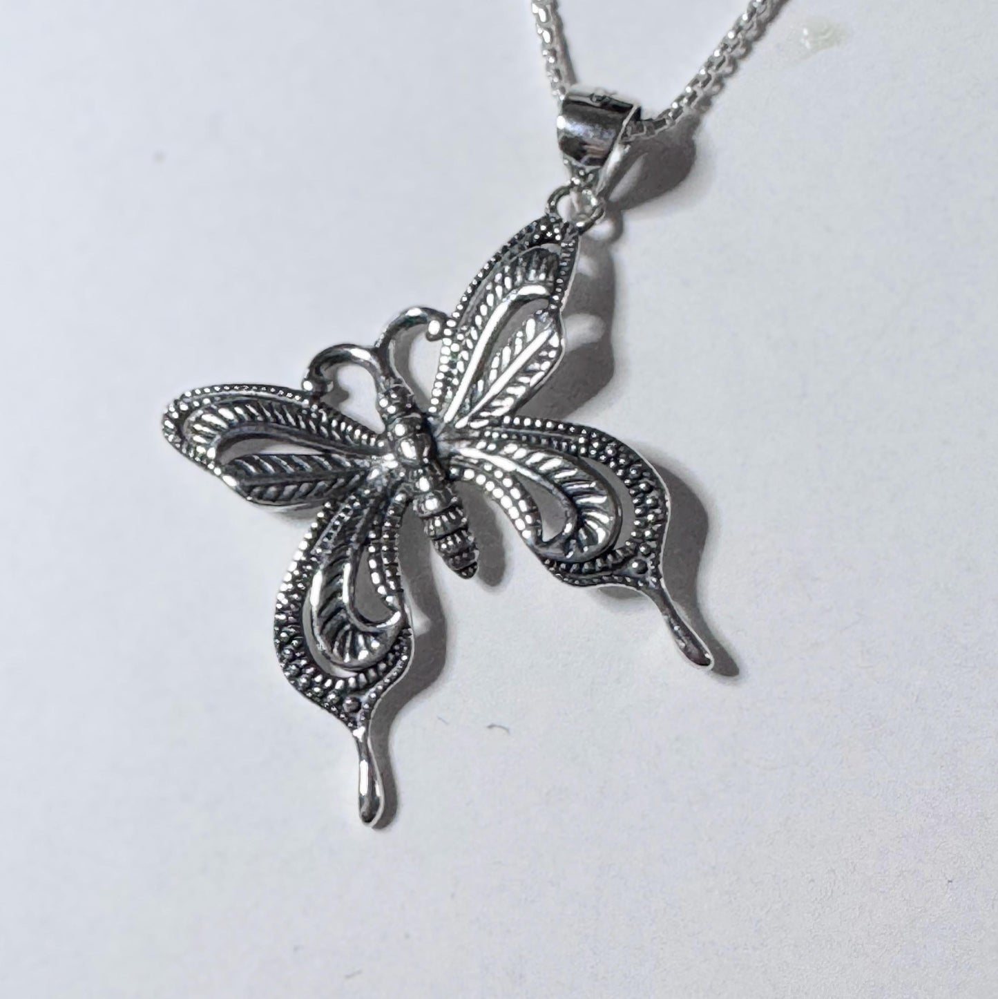 Sterling Silver Butterfly Necklace: CZ Accent, Oxidized Finish