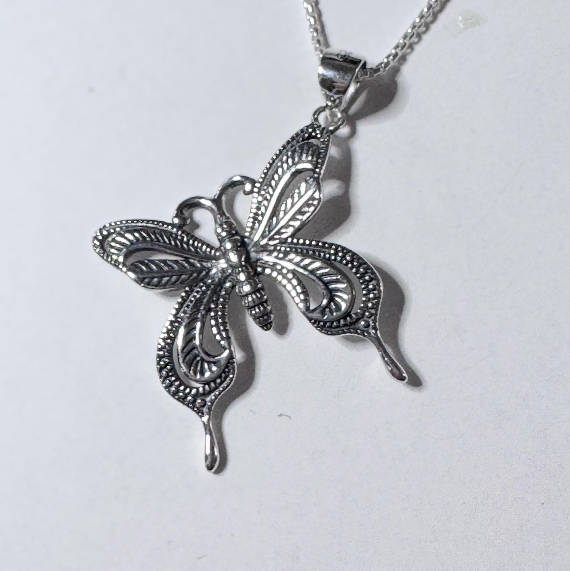 Sterling Silver Butterfly Necklace: CZ Accent, Oxidized Finish