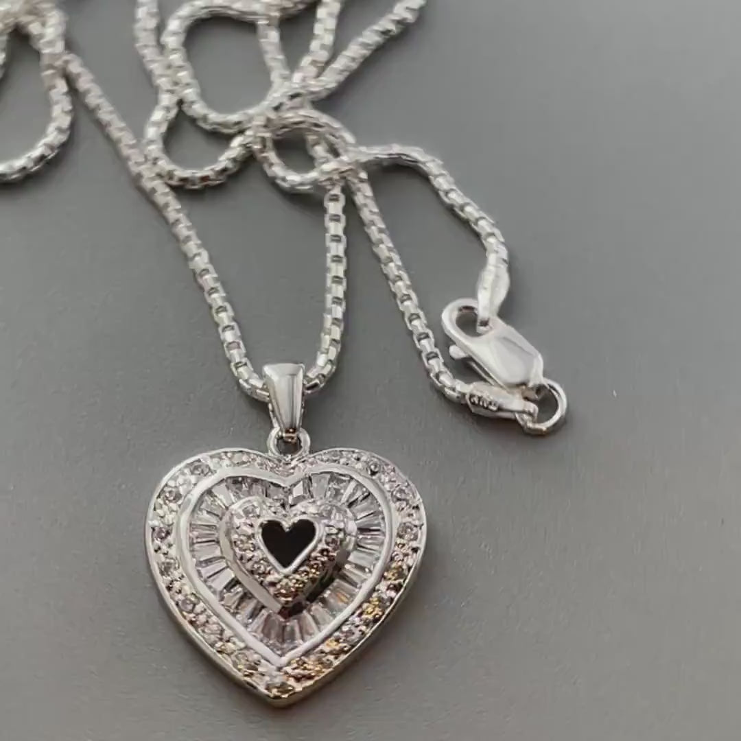 Sterling Silver CZ Heart Pendant Necklace - Italian Chain