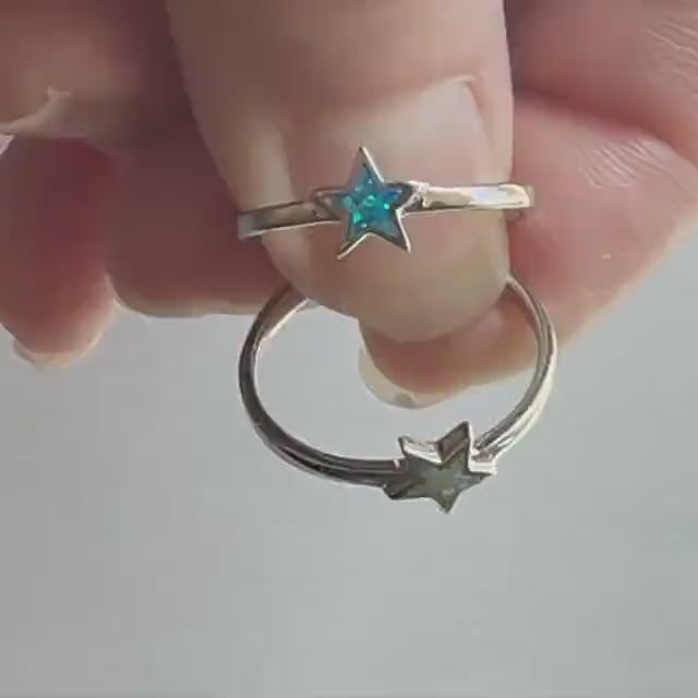 Sterling Silver Star Ring: Blue or White Lab Opal Celestial Jewelry