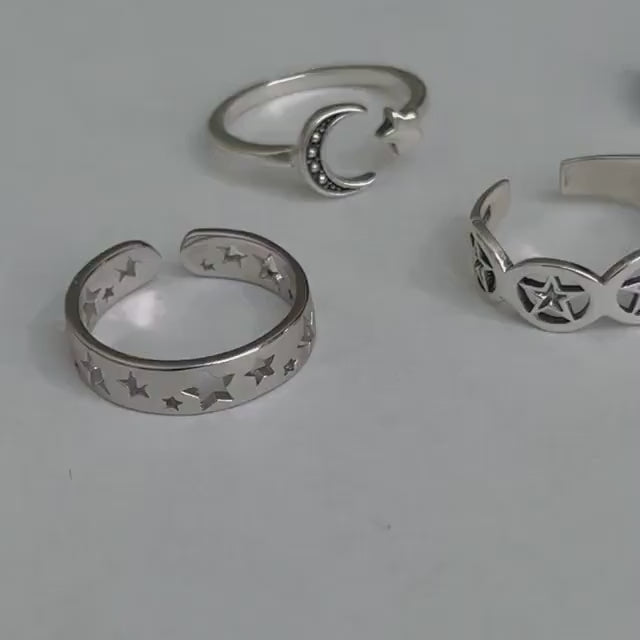 Sterling Silver Stars, Moon and Star Toe Rings, Crescent Moon Toe Ring, Stars Toe Ring Twinkle Star Toe Ring, Silver Stars Toe Band.